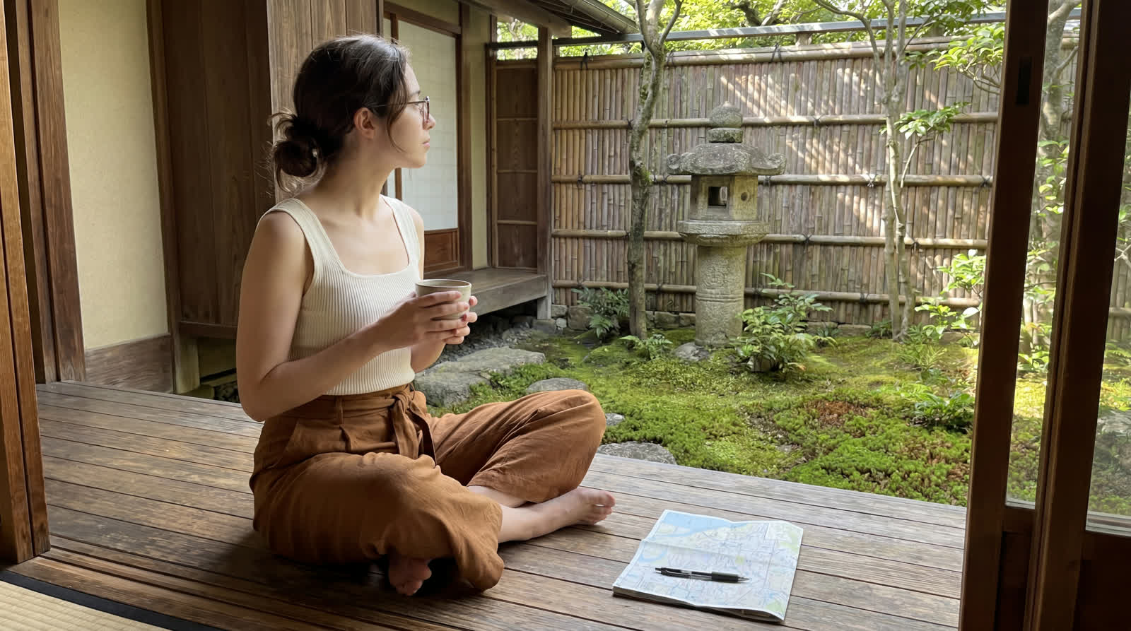 August on the engawa of a Higashiyama machiya, holding a cup of hojicha, the inner garden behind her