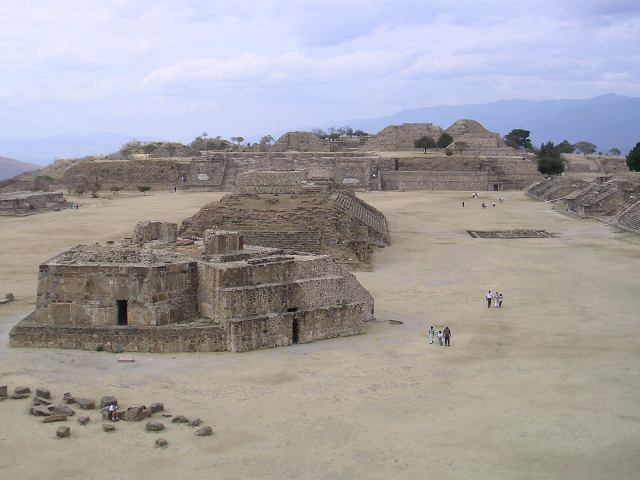 Panoramic view along the Gran Plaza at Monte Albán, the Zapotec ruins above Oaxaca